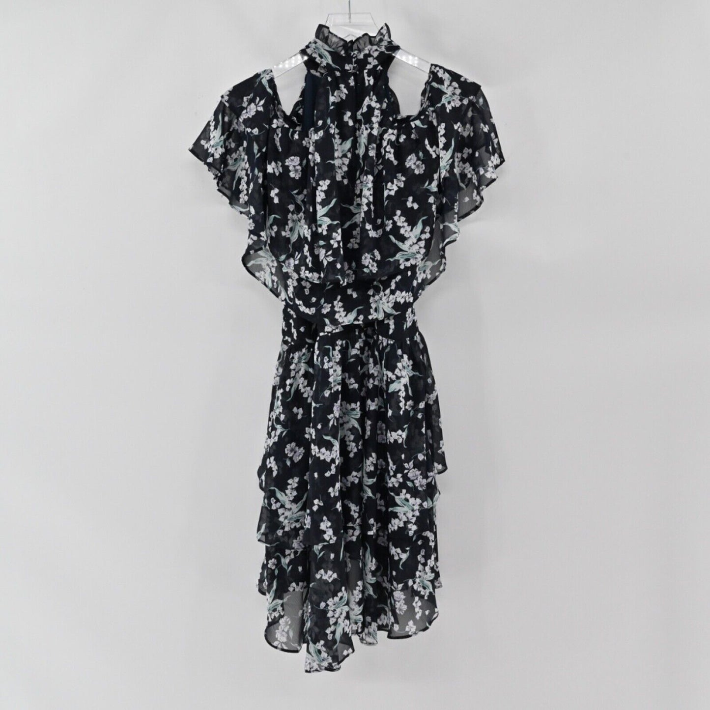 ELLIATT Dress Womens Sz XS Ruffle Mini Navy Blue Floral Cold Shoulder Whimsygoth