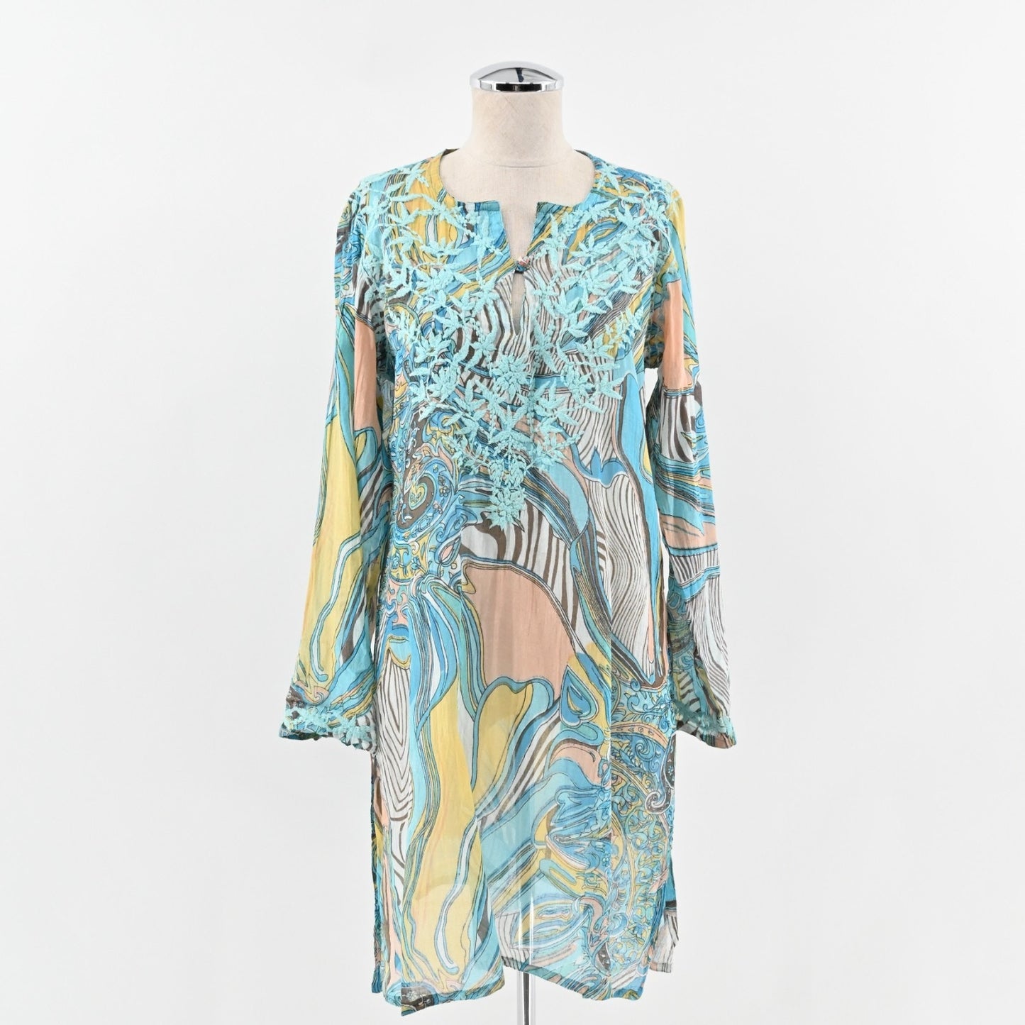 RAJ Tunic Dress Size M Blue Embroidered Printed Cotton Relaxed Fit Bohemian