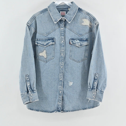 LEVIS Womens Dylan Relaxed Western Shirt 1X Pearl Snap Distressed Denim Shacket