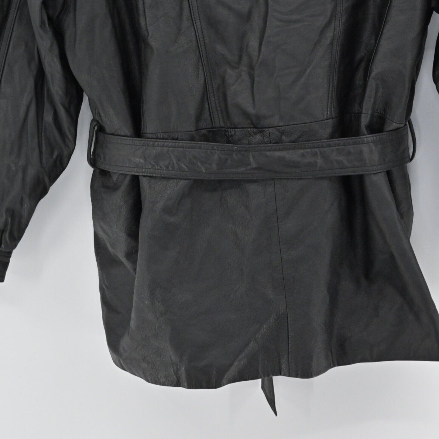 Vtg WILSONS Leather Coat Mens L Black Removable Hood Belted Faux Fur Lined 80s