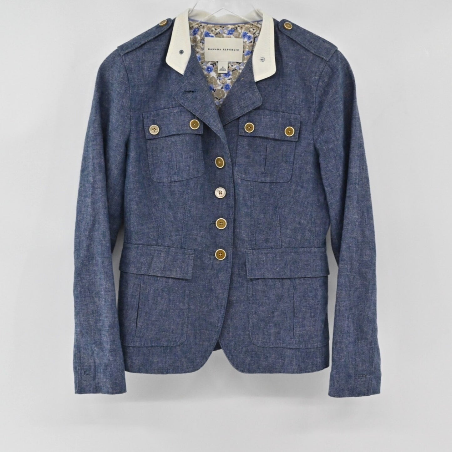BANANA REPUBLIC Womens Military Jacket Size 4 Blue Preppy Linen Utility Button