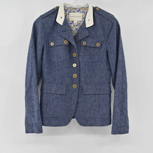 BANANA REPUBLIC Womens Military Jacket Size 4 Blue Preppy Linen Utility Button