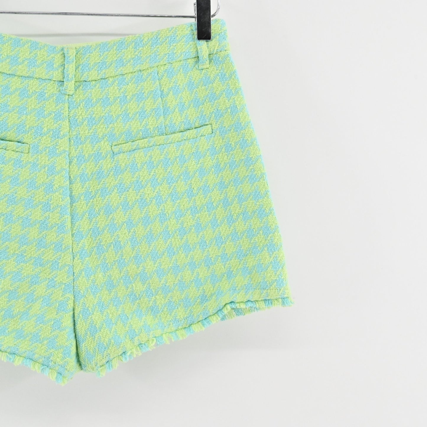 Zara Womens Houndstooth Tweed Frayed Shorts Size S Blue Green High Rise Casual