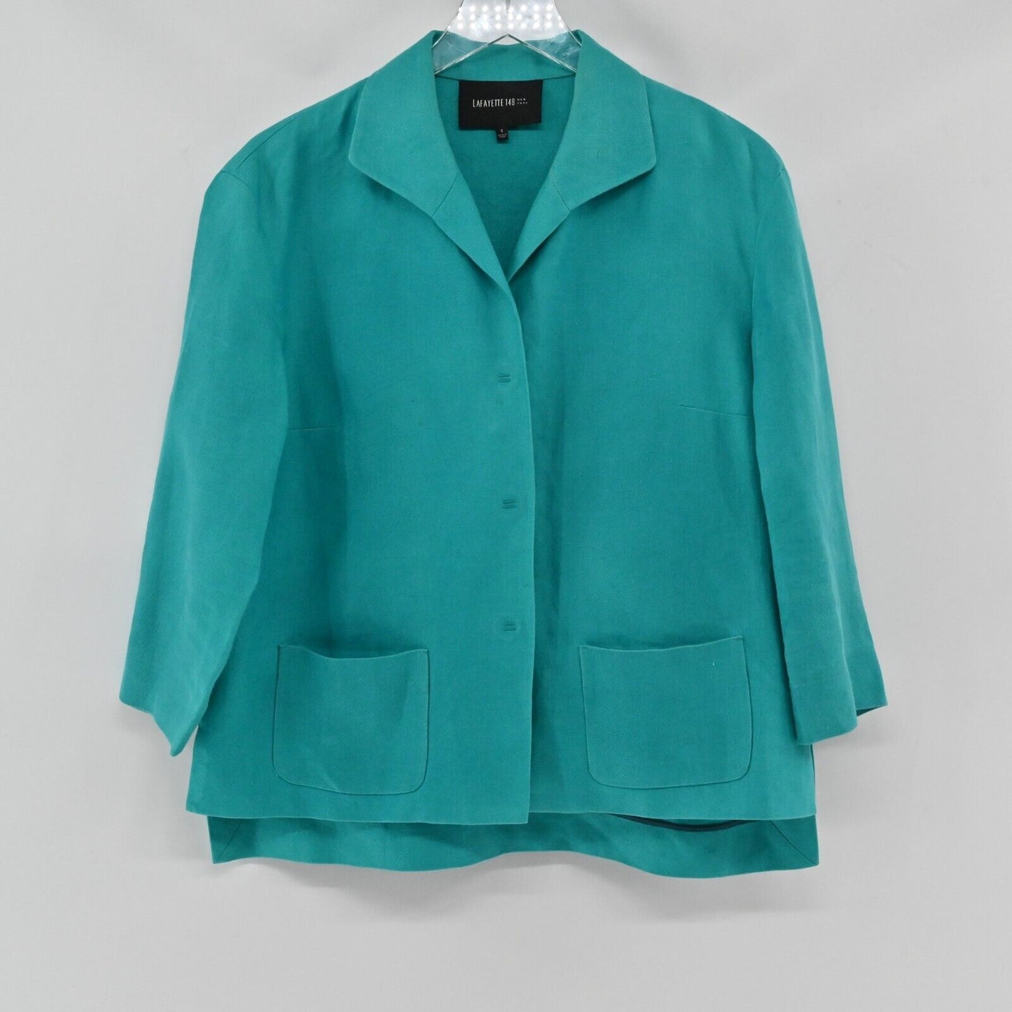 LAFAYETTE 148 Blazer Womens Size S Solid Teal Linen Button Front Pocket Collar