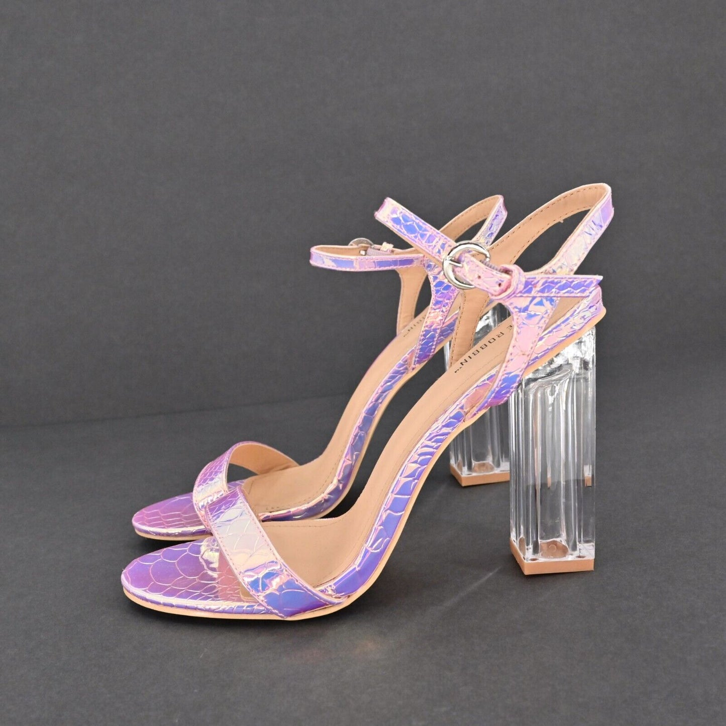 CAPE ROBBIN Heels Womens Size 8.5 Iridescent Purple Croc Clear Block Ankle Strap