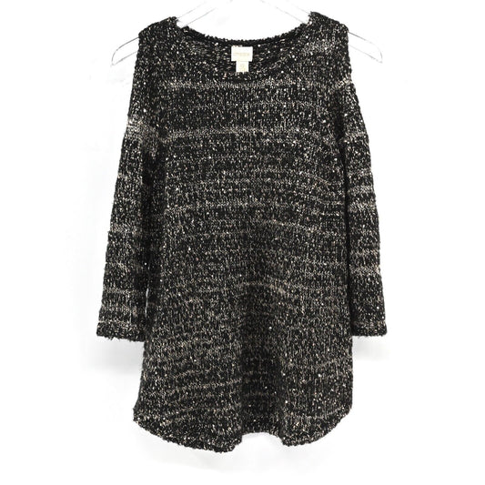 CHICOS Sweater Womens Sz S Black Silver Metallic Stripe Sequin Cold Shoulder NEW
