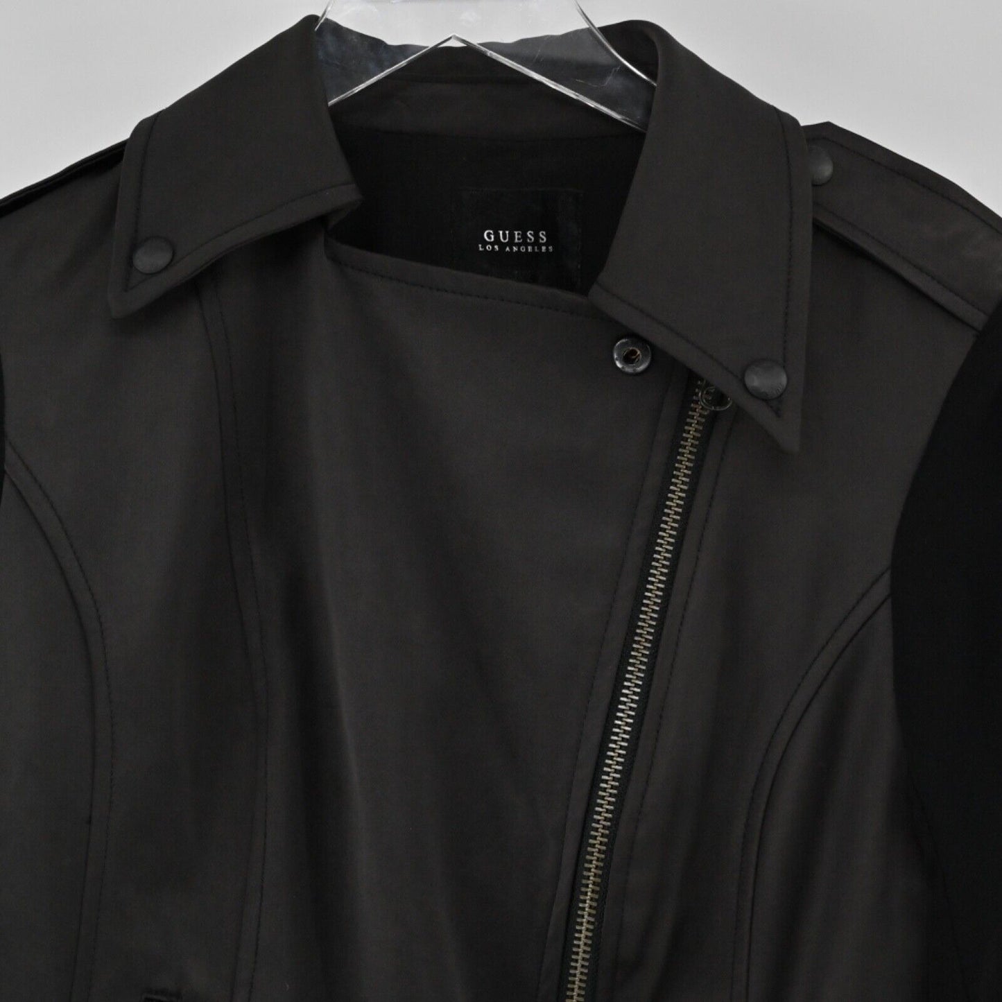 GUESS Jacket Womens Sz S Black Asymmetric Full Zip Sheer Sleeve Crop Moto Grunge