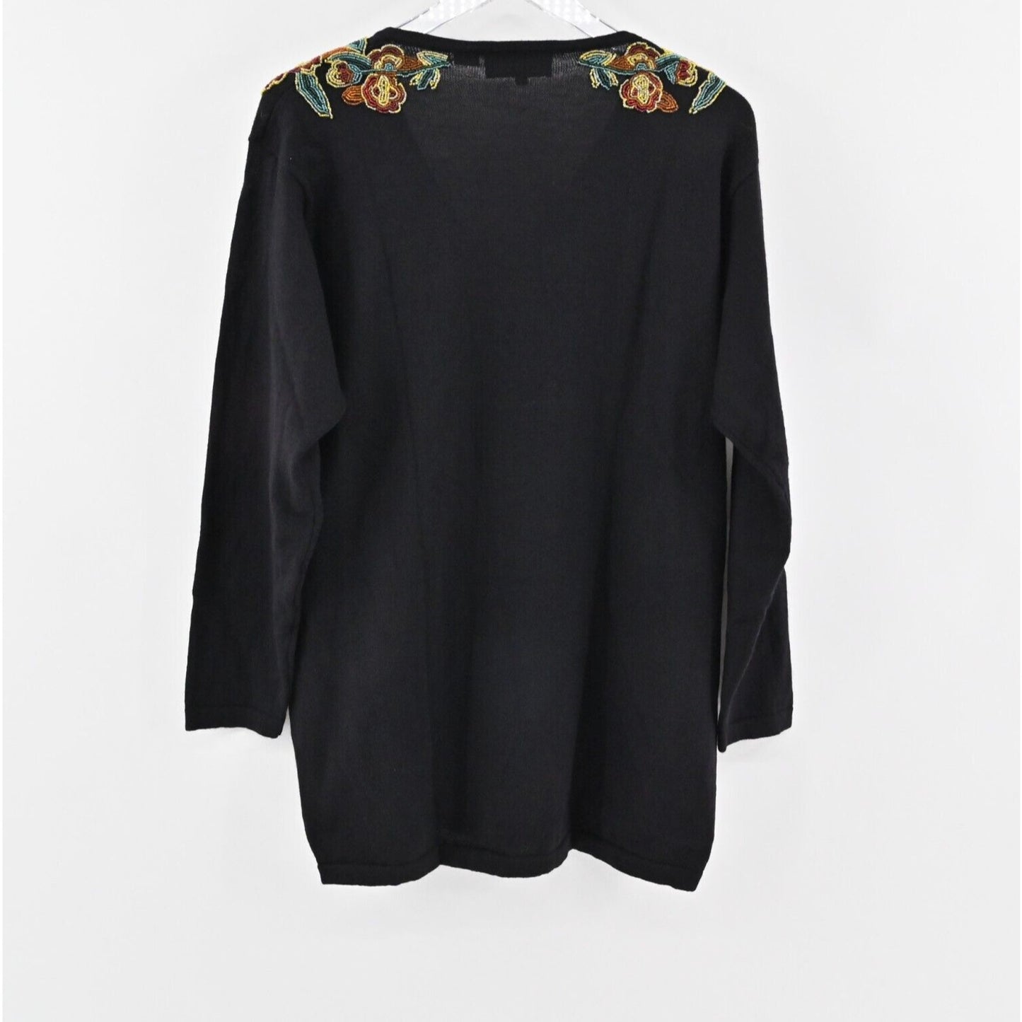 Vtg CAROLE LITTLE Sweater Womens Sz M Floral Beaded Black Wool Knit V Neck Retro