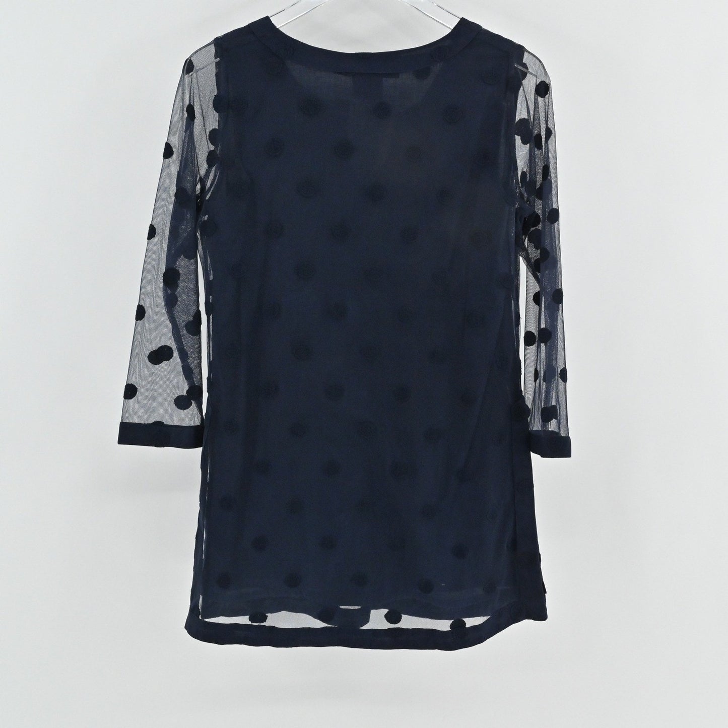 Gretchen Scott Womens Tunic Top Size S Navy Blue Polka Dot Mesh Overlay Delicate