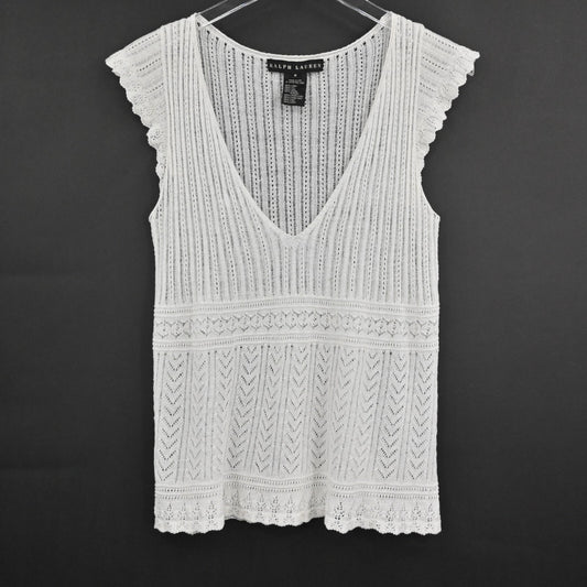 RALPH LAUREN Crochet Top Womens Sz M Black Label White Linen Knit Blouse Capsule