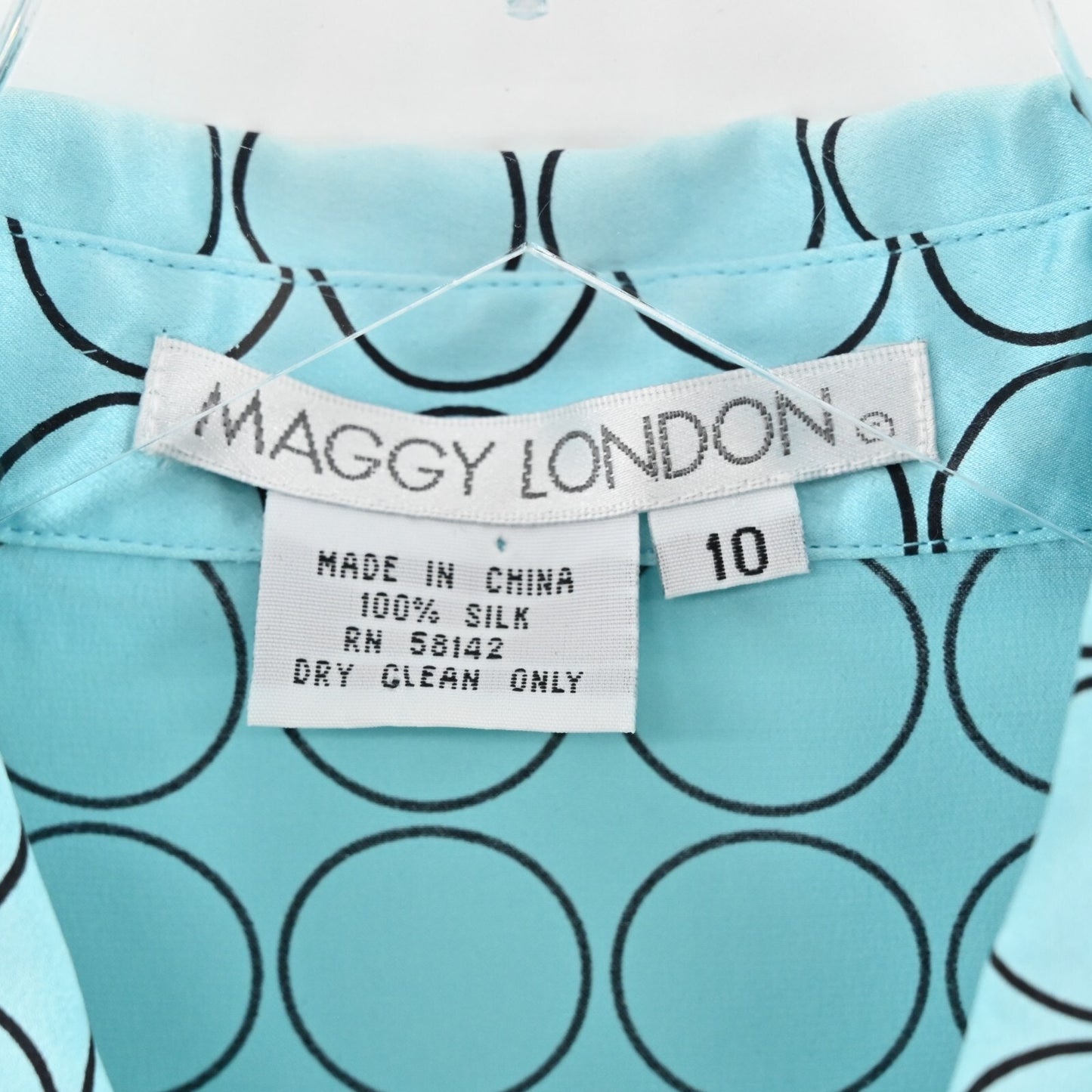 Vtg MAGGY LONDON Blue Silk Top Womens Size 10 Button Circle Blouse Classic Retro