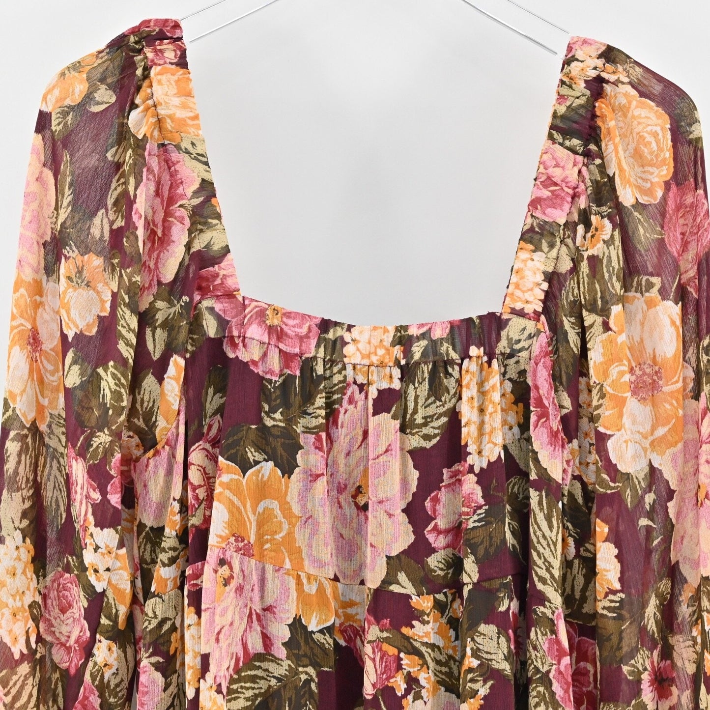 EN CREME Floral Boho Dress Size L Tiered Ruffle Balloon Sleeve Square Neck Retro