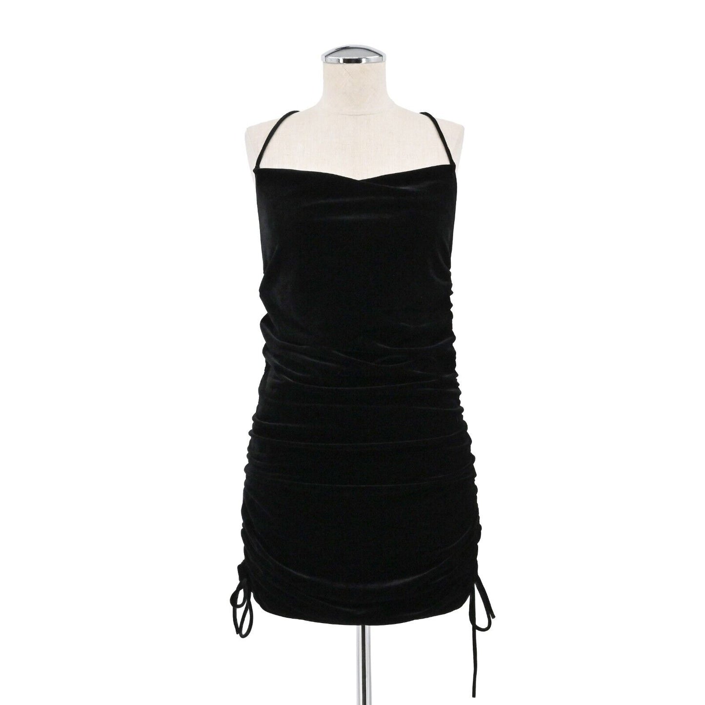 ZARA Dress Womens Size Small Black Strappy Halter Mini Velvet Cowl Cinched Sides