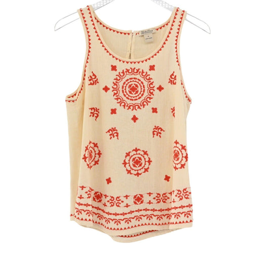 LUCKY BRAND Top Womens Size M Beige Red Embroidered Sleeveless Scoop Neck Tank