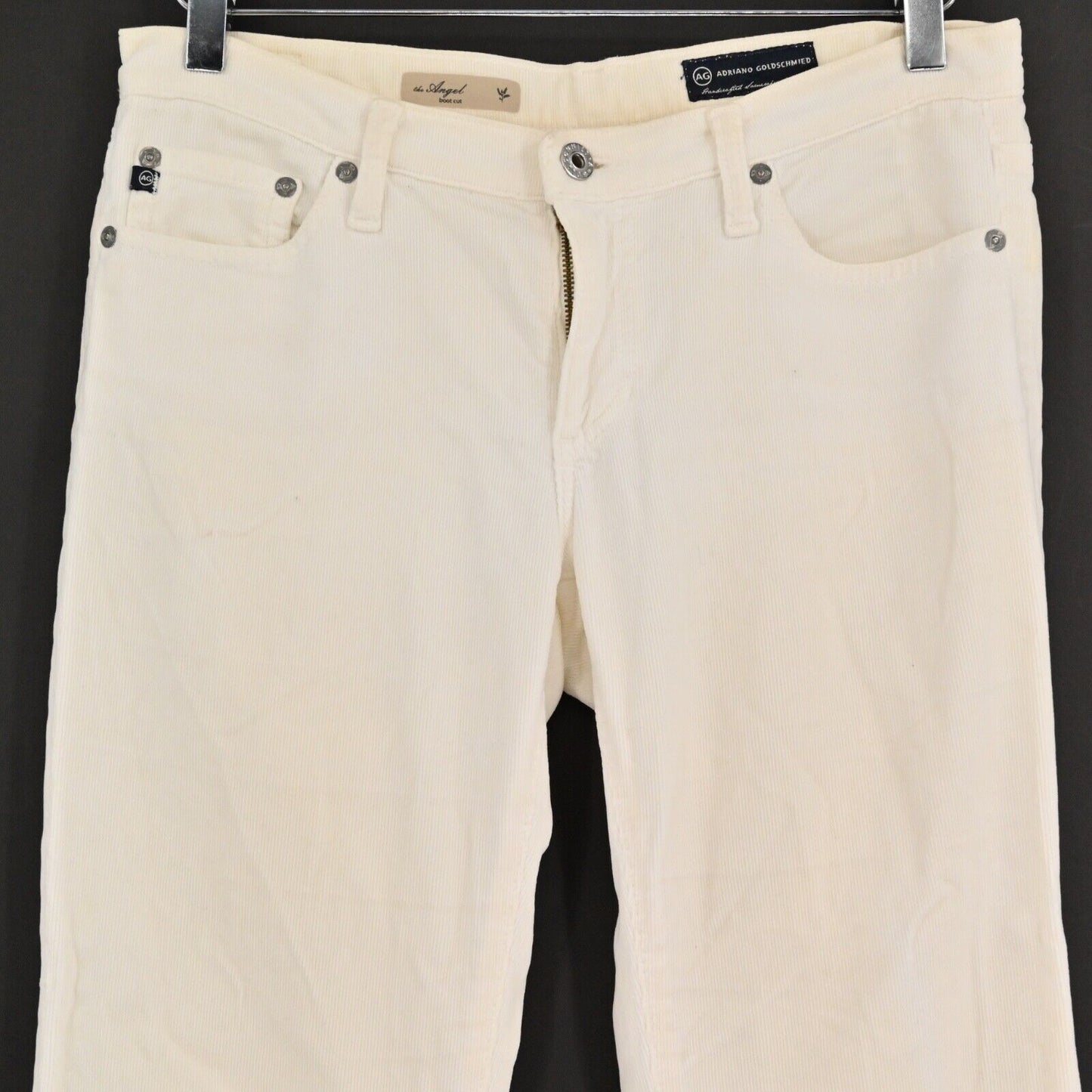 AG Pants Womens Sz 27 Ivory Corduroy The Angel Bootcut Low Rise Rhinestone Logo