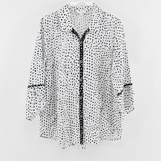 HABITAT Womens Polka Dot Top Sz L White Black Button Retro Lagenlook Art to Wear