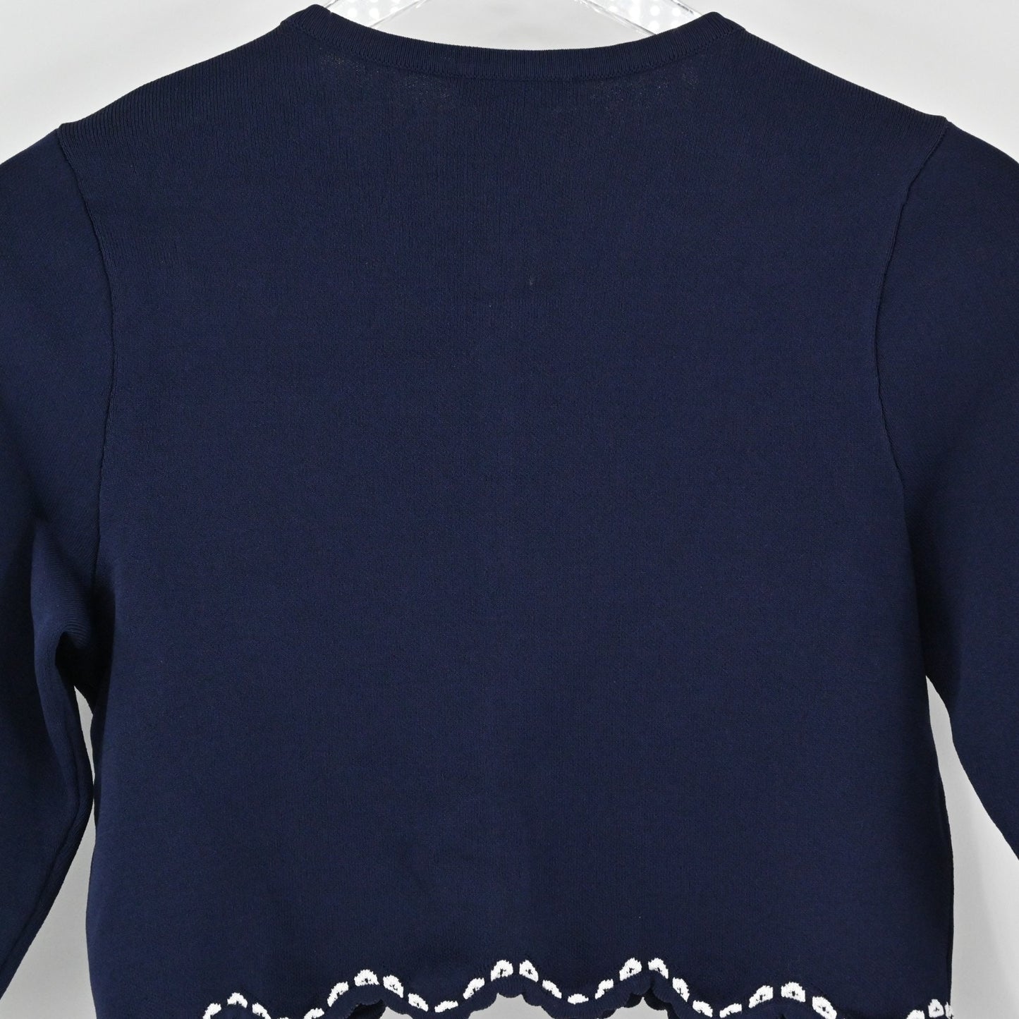 Shoshanna Womens Cardigan Sweater Sz S Navy Blue White Trim Scalloped Knit Crop