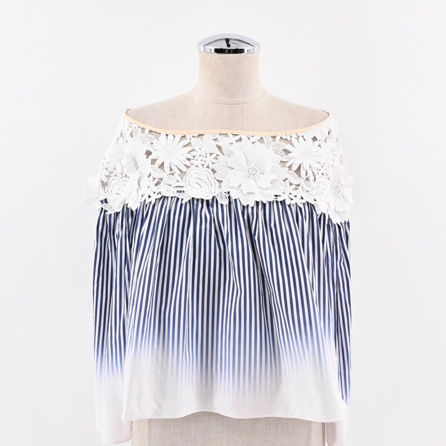 MILLY Top Womens Sz 10 Blue Stripe Lace Cotton Off The Shoulder Bell Sleeve USA