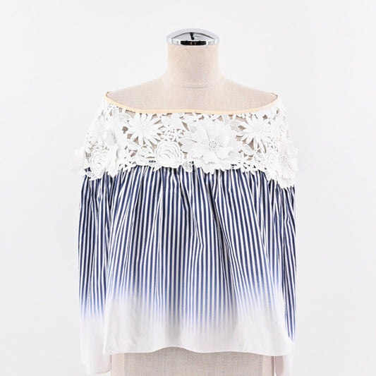 MILLY Top Womens Sz 10 Blue Stripe Lace Cotton Off The Shoulder Bell Sleeve USA