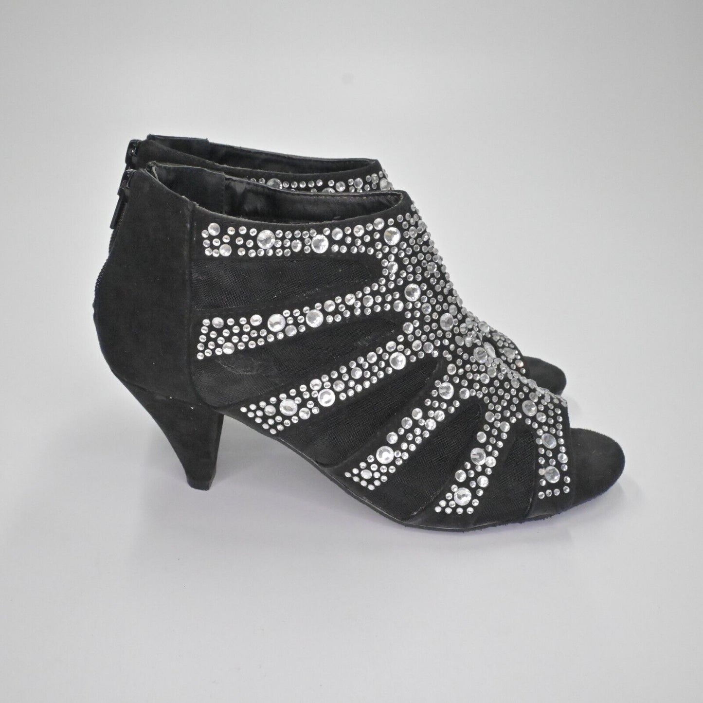 Vtg JOAN BOYCE Heels Womens Sz 7.5 Black Faux Suede Mesh Rhinestone Peep Toe Y2K