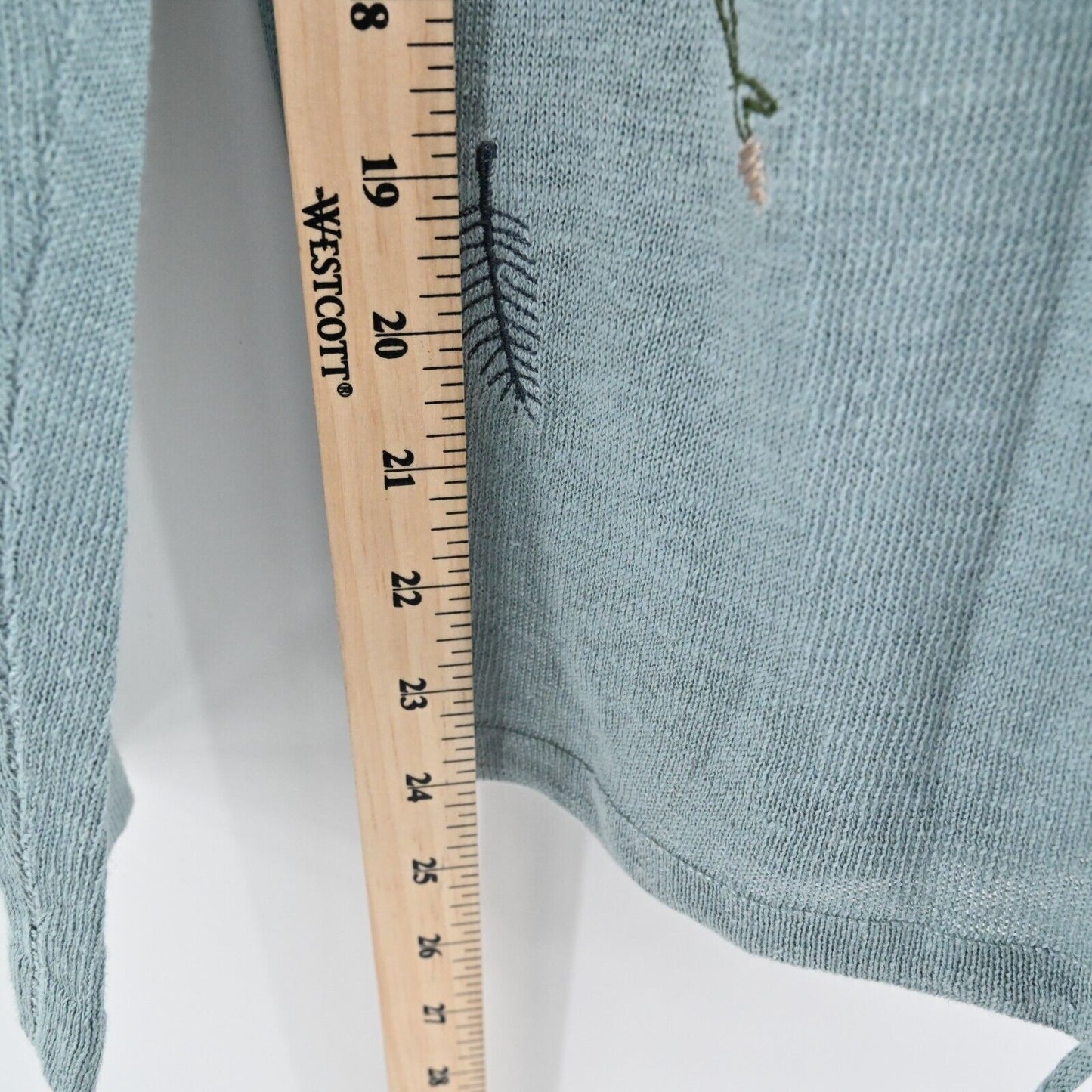 NORTHERN ISLES Sweater Womens Size S Embroidered Linen Teal Ice Funnel Neck NEW