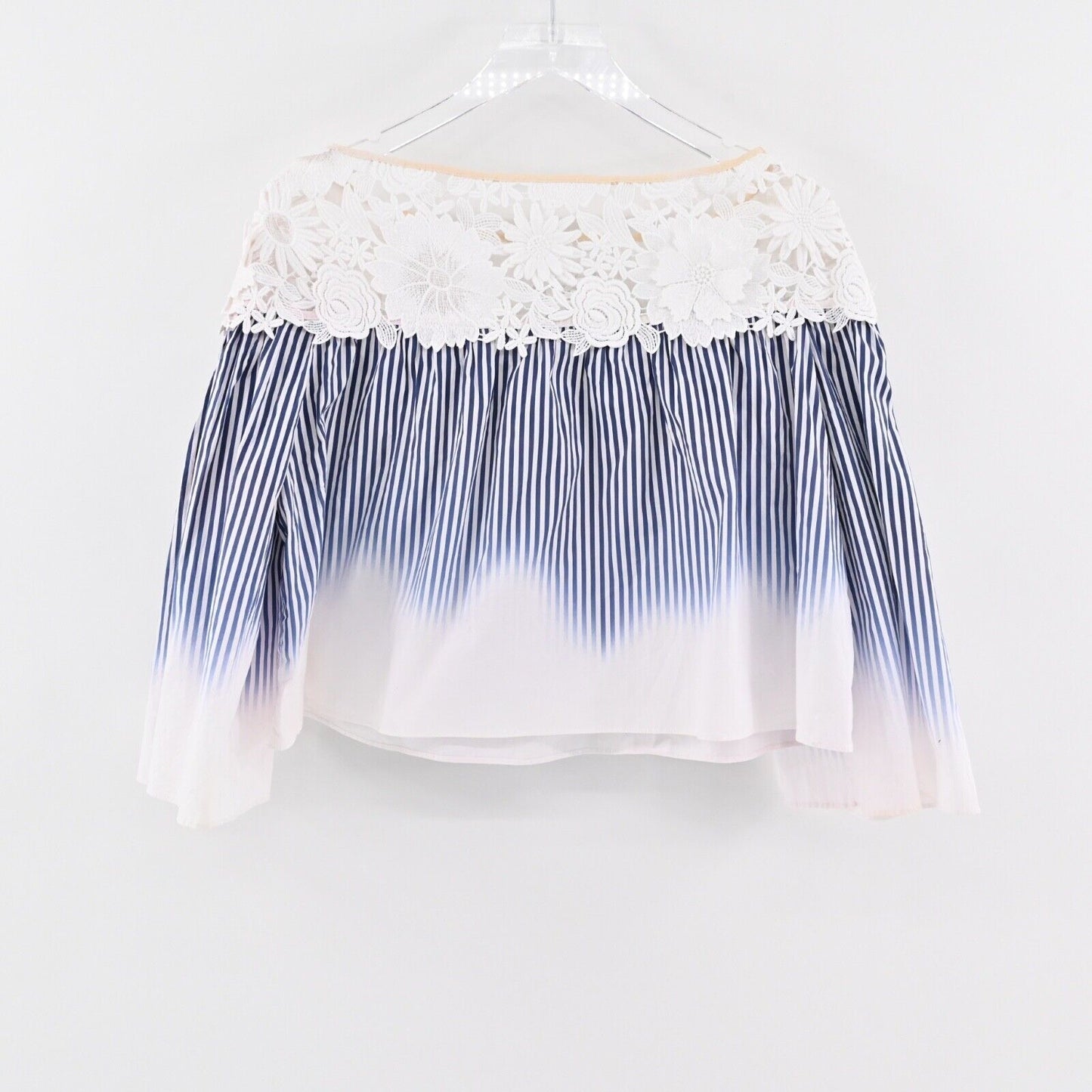 MILLY Top Womens Sz 10 Blue Stripe Lace Cotton Off The Shoulder Bell Sleeve USA