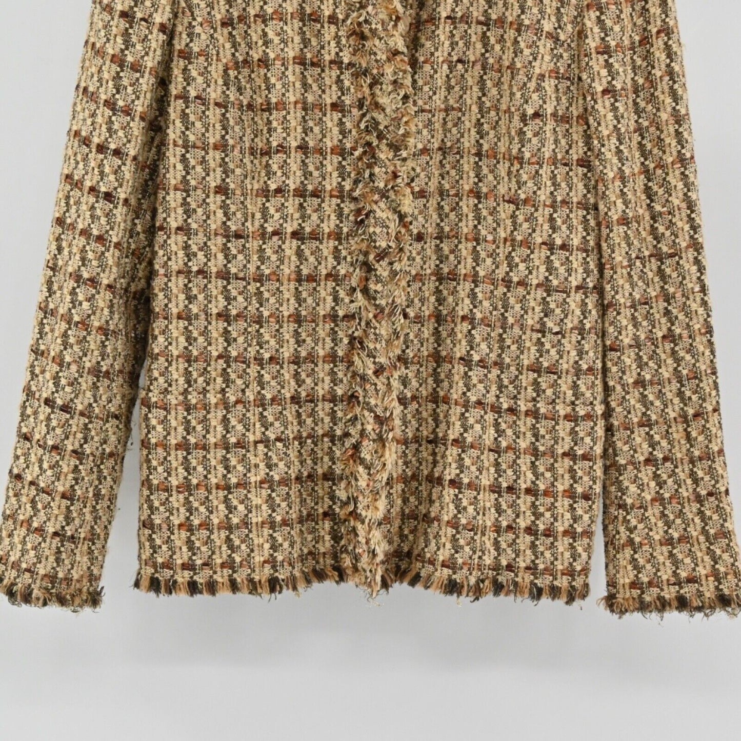 Vtg DANA BUCHMAN Jacket Womens Size 6 Brown Metallic Plaid Tweed Fringe Snap 00s