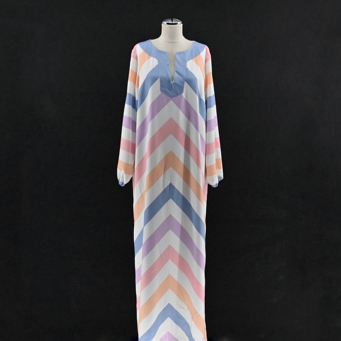 Sail to Sable Charade Maxi Dress Size L Caftan Pastel Long Sleeve Chevron STS