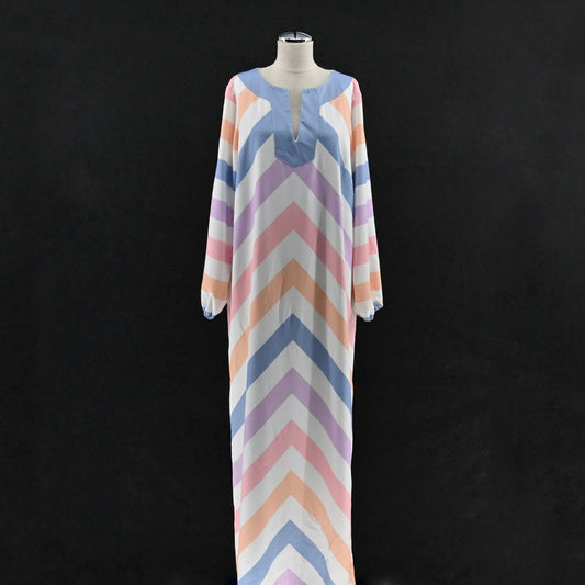 Sail to Sable Charade Maxi Dress Size L Caftan Pastel Long Sleeve Chevron STS