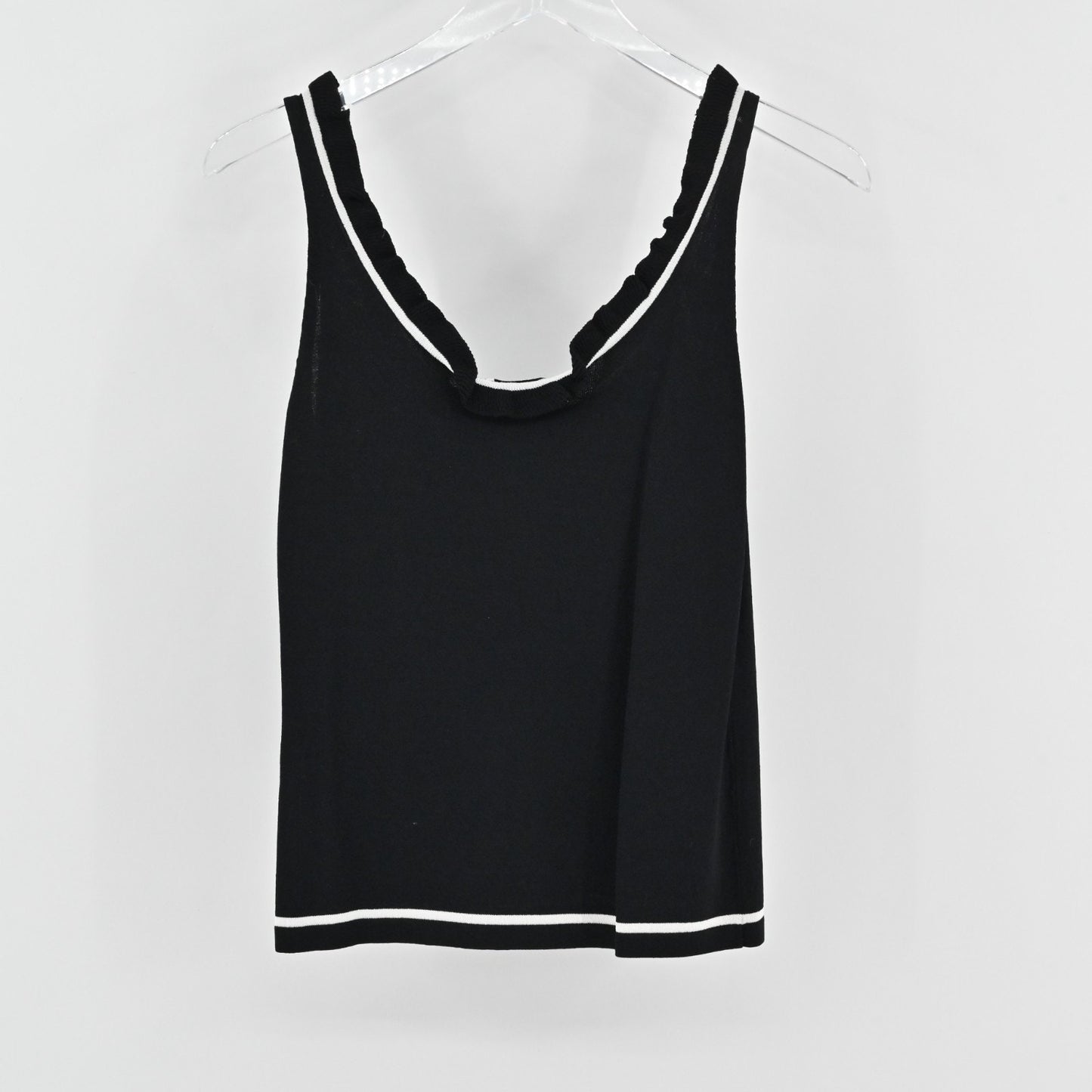 Vtg Cache Womens Knit Black Sleeveless Top Size S Ruffle Neck White Trim Blouse