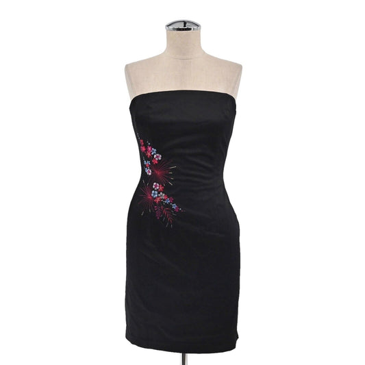 Vintage EXPRESS Dress Sz 3/4 Black Embroidered Floral Strapless Mini Sheath Y2k