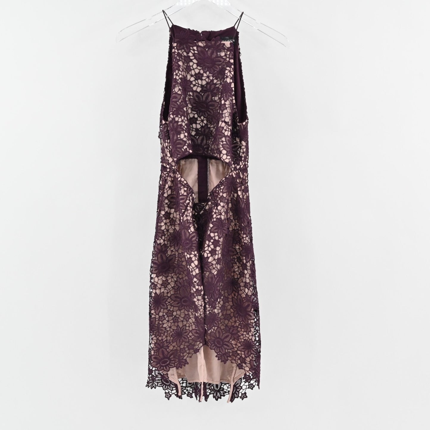STYLESTALKER Revolve Dress Sz S Plum Rosale Floral Lace Sleeveless Cutout Hi Low