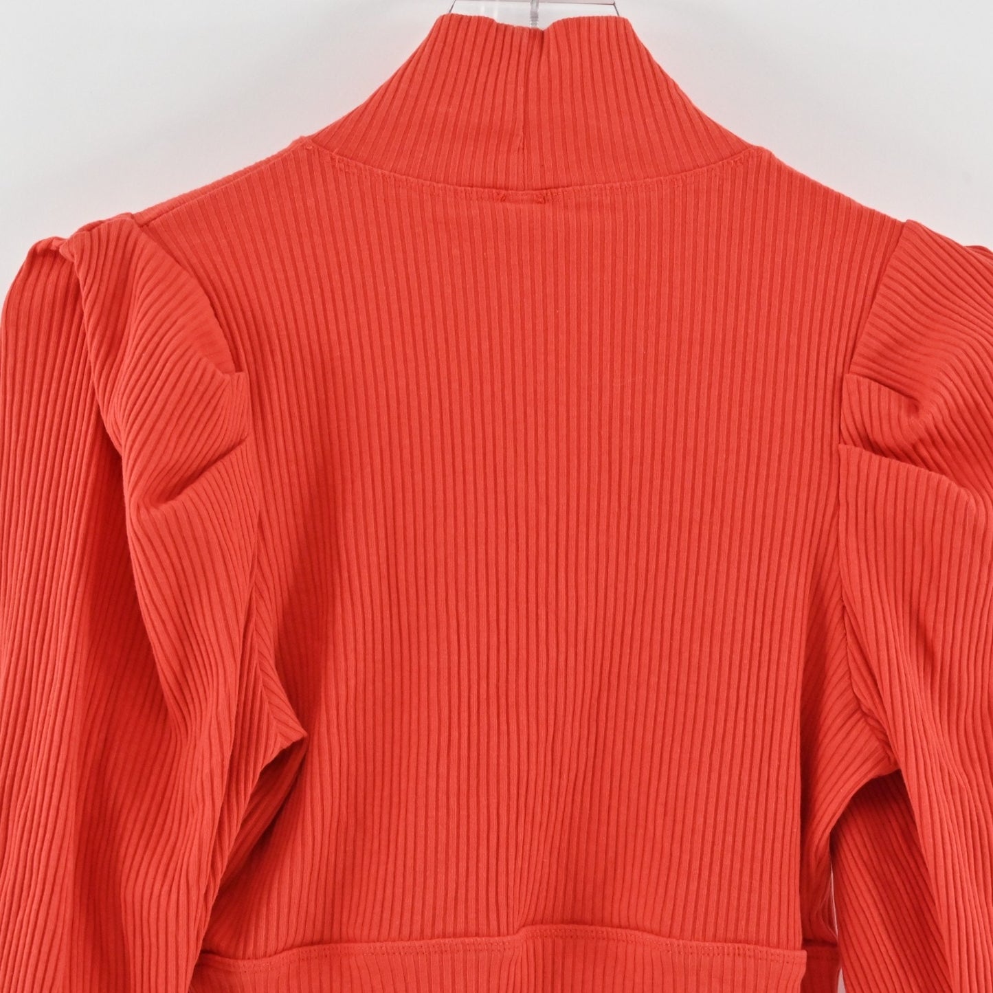 Free People Lala Cropped Top Size L Red Ribbed Puff Sleeve Mock Neck Vibrant