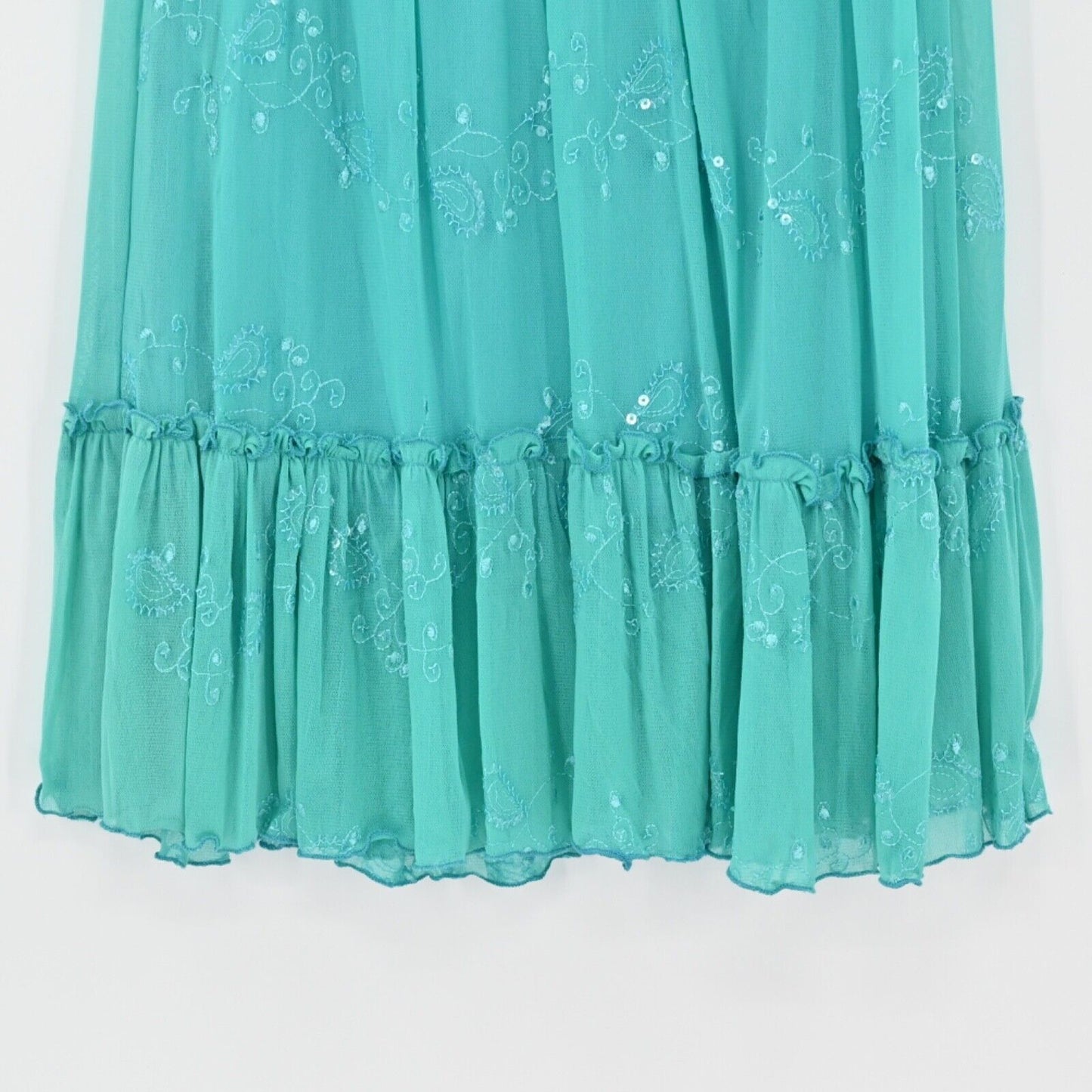 Vintage WHIZ Skirt Womens Sz S Teal Paisley Tiered Ruffle Embroidered Sequin Y2K