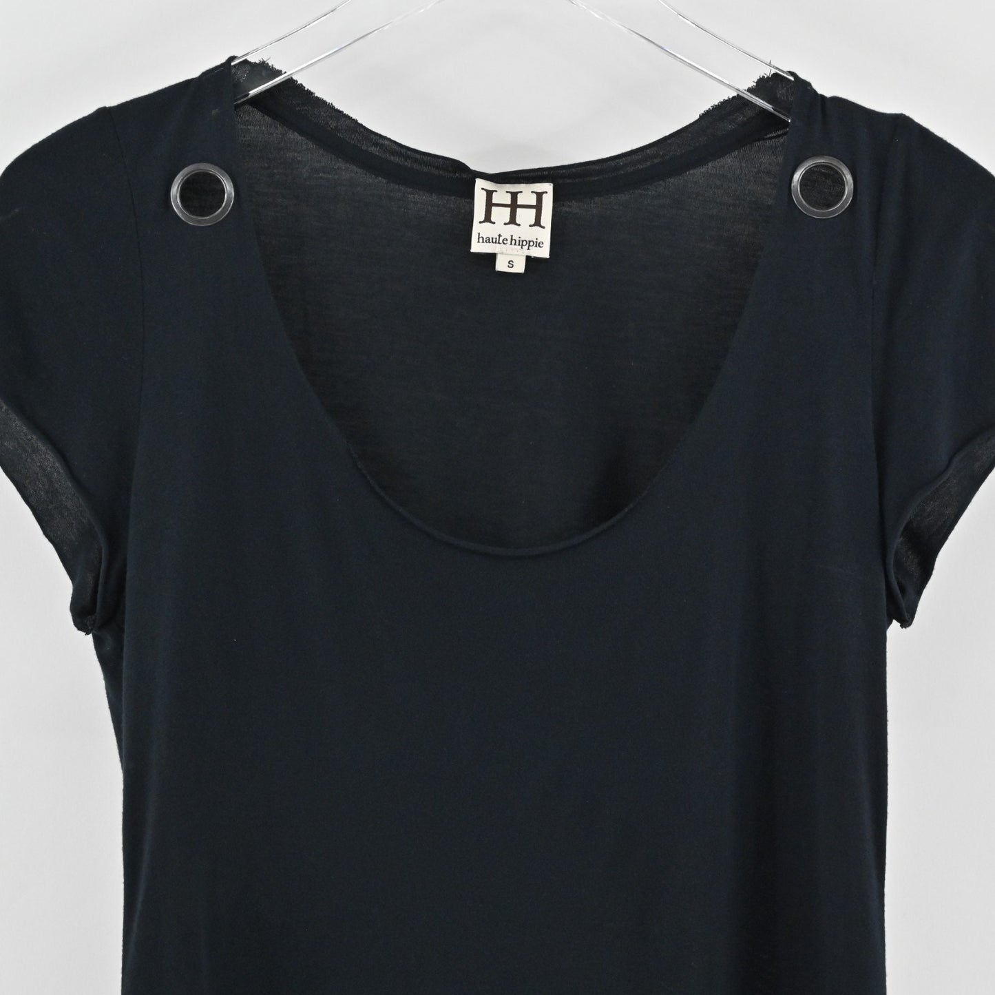 Haute Hippie Womens Black Scoop Neck Modal Top Size S Gromet Detail Casual Shirt