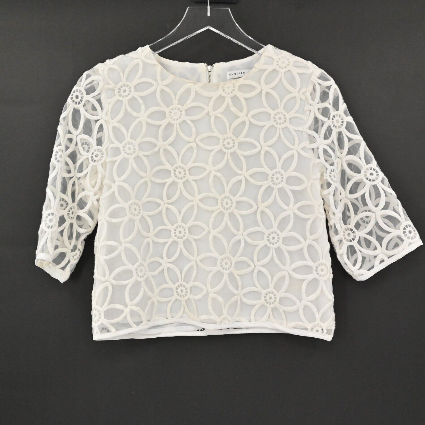 ENGLISH FACTORY Top Womens Size S Sheer Sleeve Flower Print Cropped Blouse White