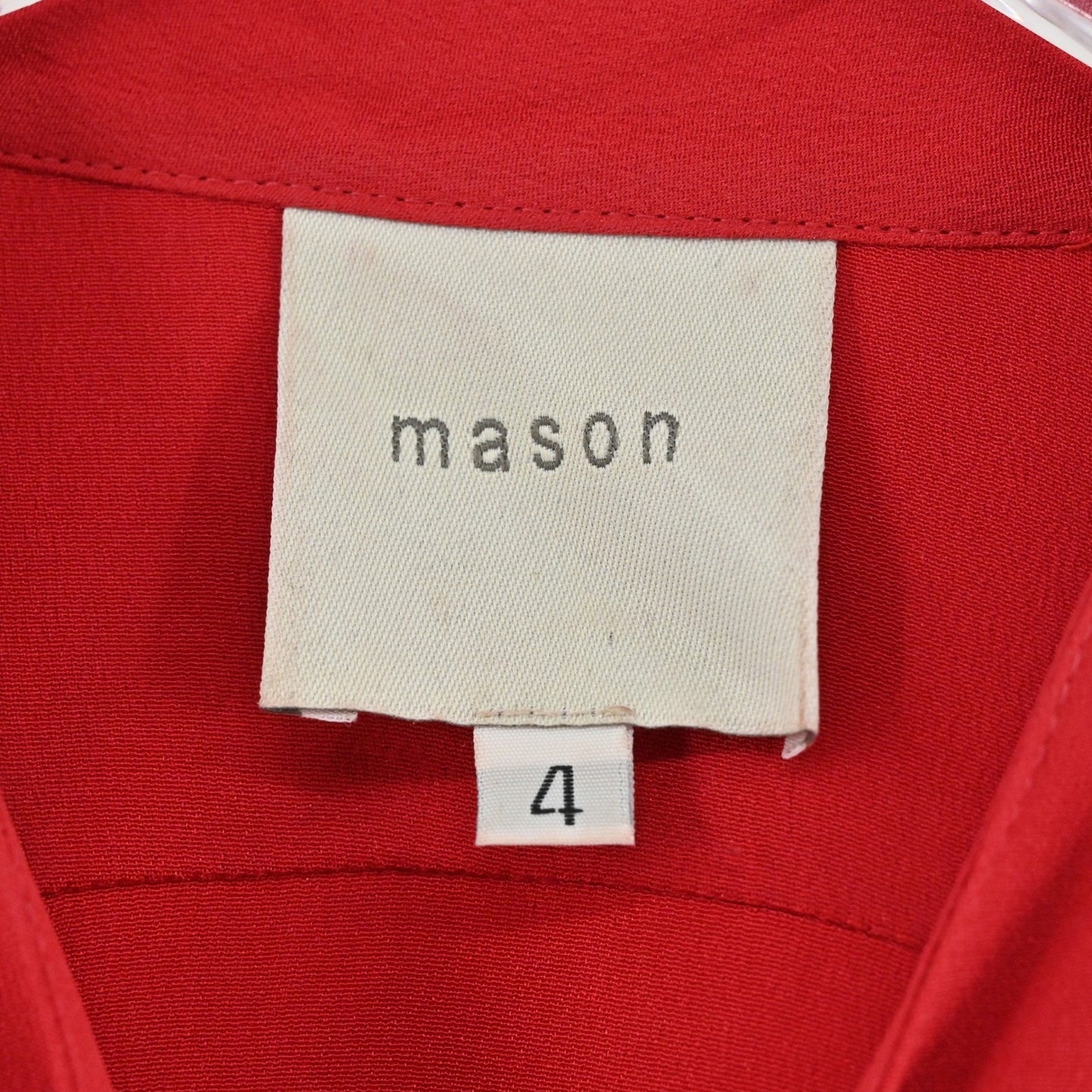 Mason Silk Shirt Dress Sz 4 Red Puff Sleeve Button Front Tie Belt Retro 50s USA