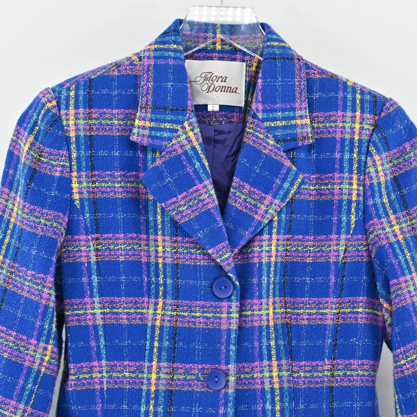 Vtg FLORA DONNA Blazer Womens Size 2 Neon Plaid Tweed Single Breasted Jacket