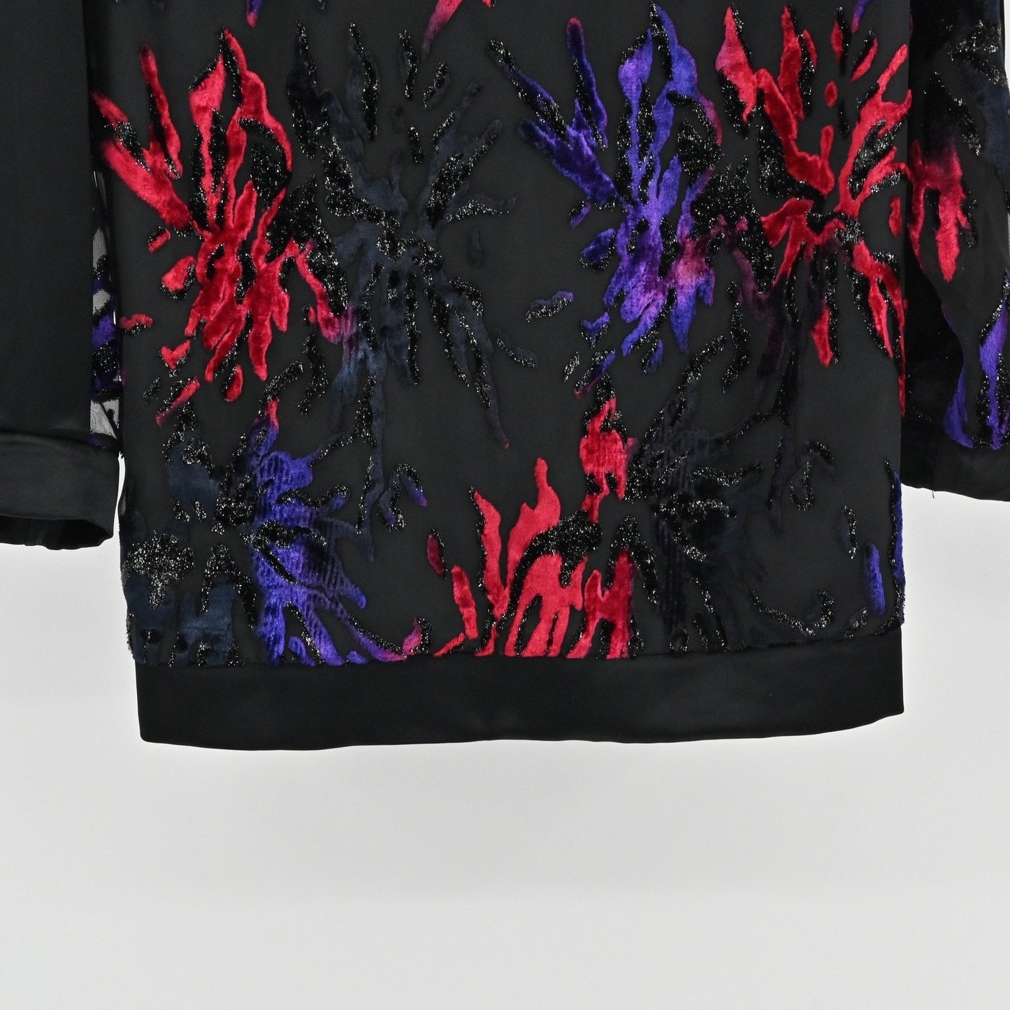 Vtg 80 Velvet Burnout Top Size 10 Dramatic Dopamine Retro Glam Red Purple Sheer