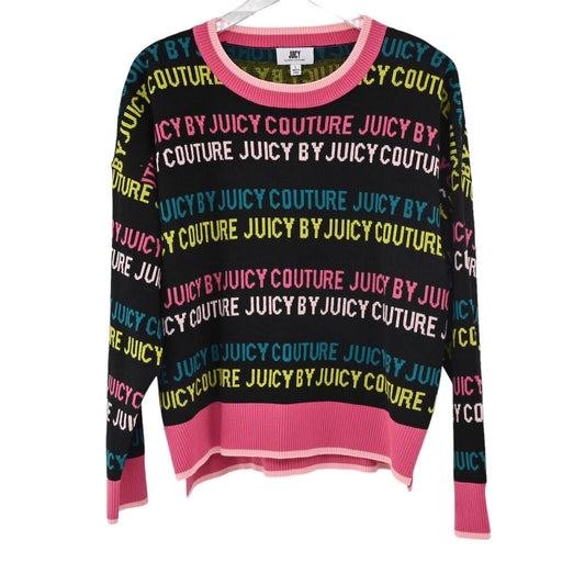 JUICY COUTURE Sweater Womens Size L Black Pink Logo Crew Neck Hi Low Retro Y2K