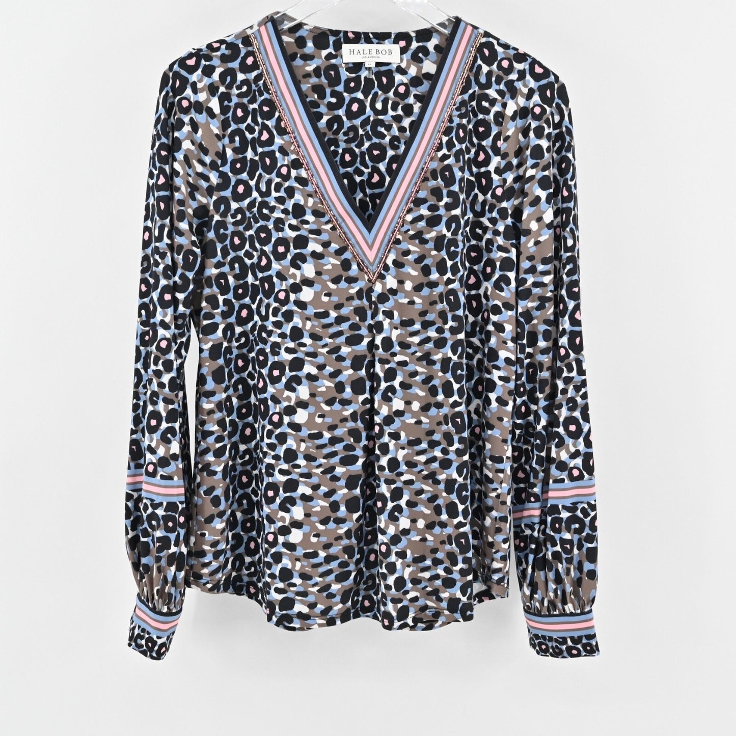 HALE BOB Womens Beaded Top Size M Blue Leopard Print V Neck Long Sleeve Bohemian