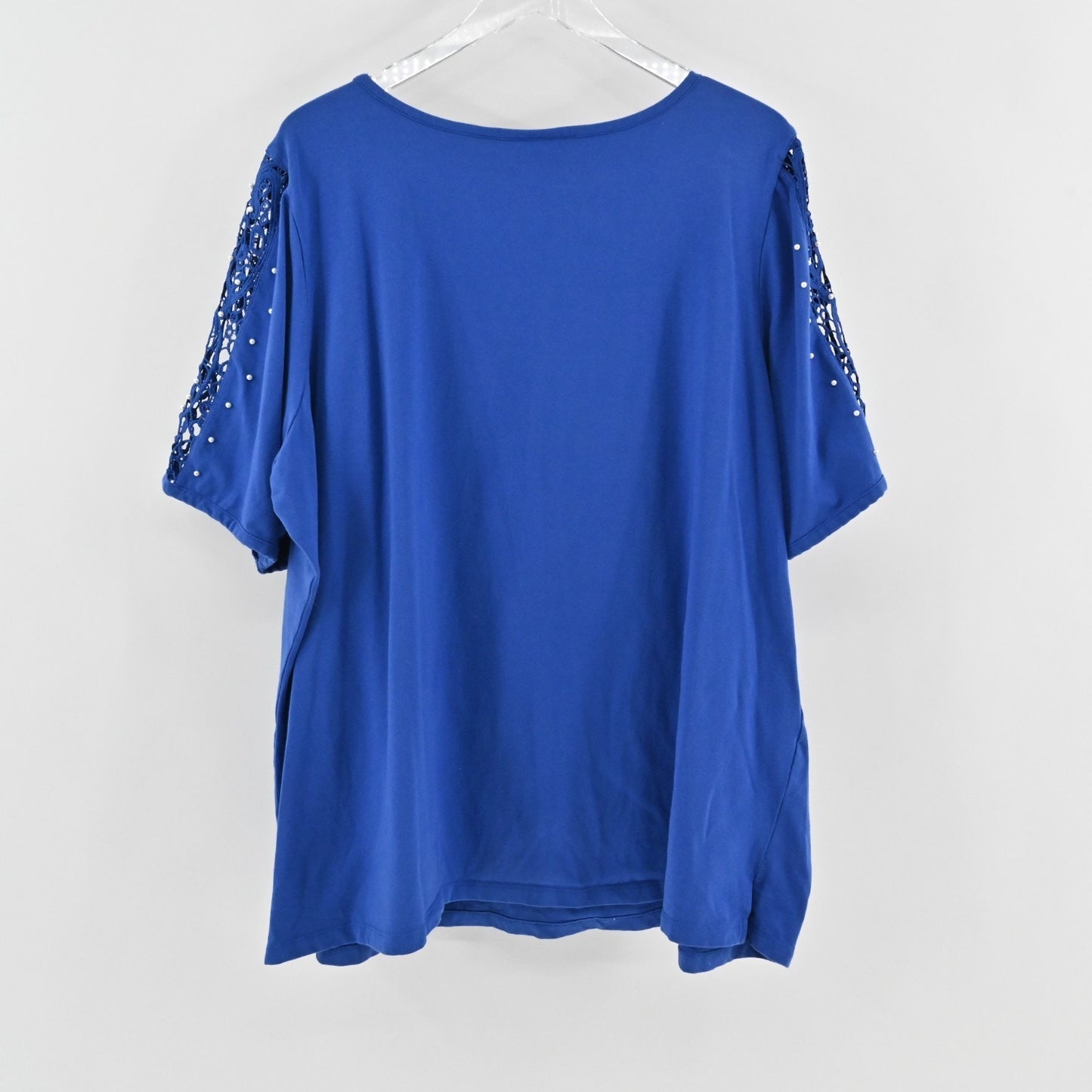 Quacker Factory Womens Lace Sleeve Knit Royal Blue Top Size 3X Faux Pearl Detail