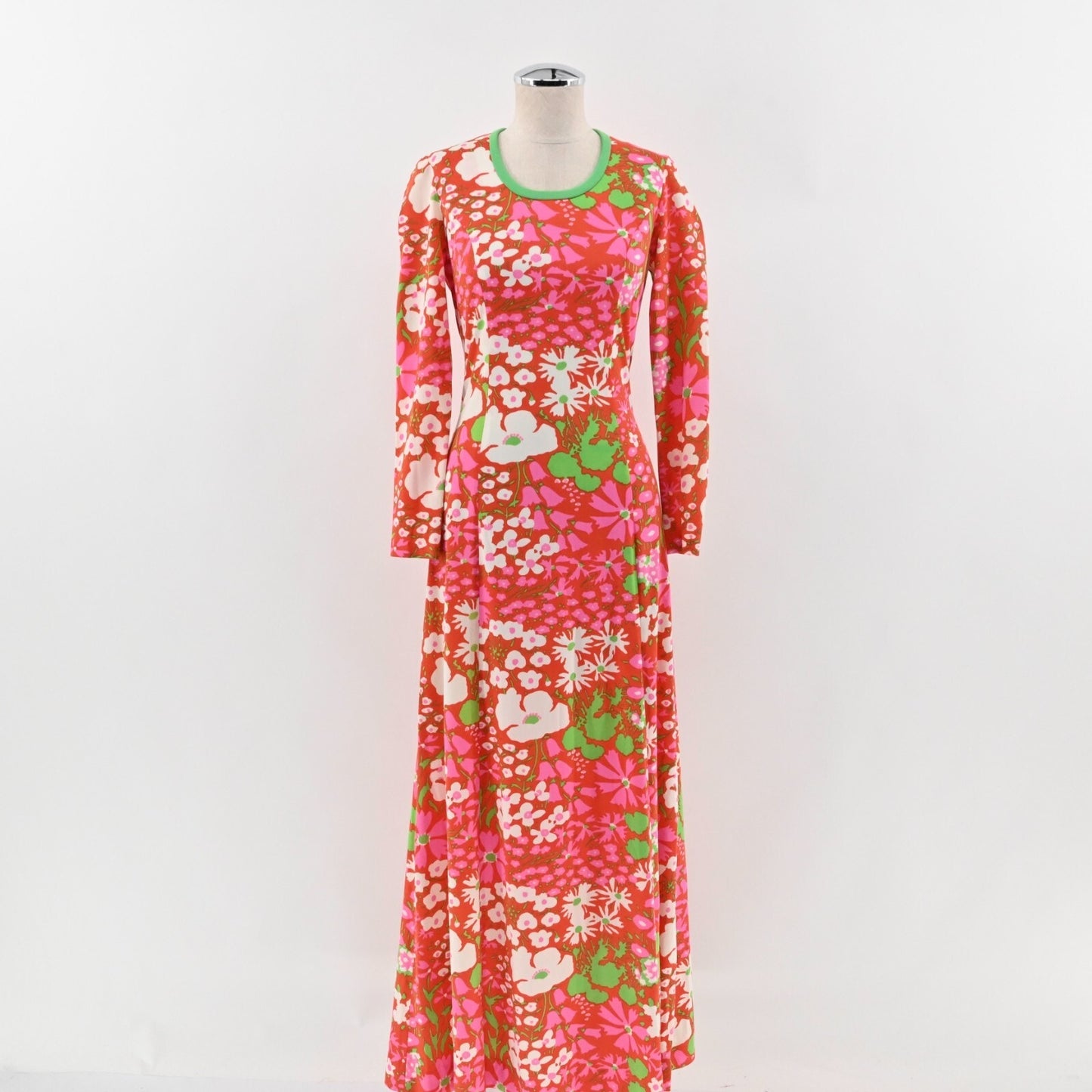 70s Maxi Dress Long Sleeve Floral Pink Green Retro THE CLIQUE Size S - Vtg 8