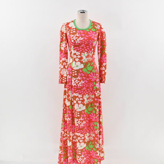 70s Maxi Dress Long Sleeve Floral Pink Green Retro THE CLIQUE Size S - Vtg 8