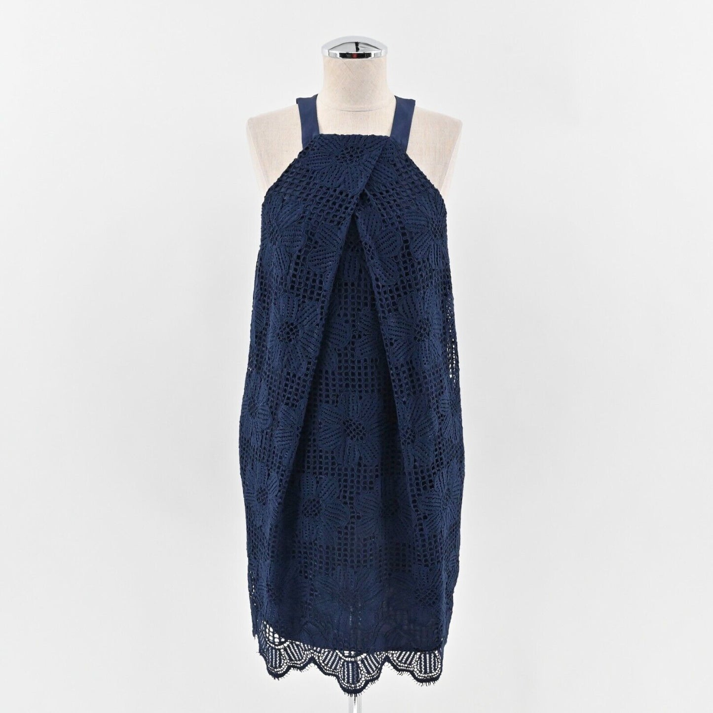 TRINA TURK Dress Sz 2 Navy Indigo Felisha Silk Blend Sleeveless Shift Scalloped