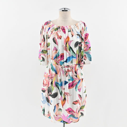 LA BLANCA Dress Size L Paradise Floral ALine Mini White Multi Off Shoulder