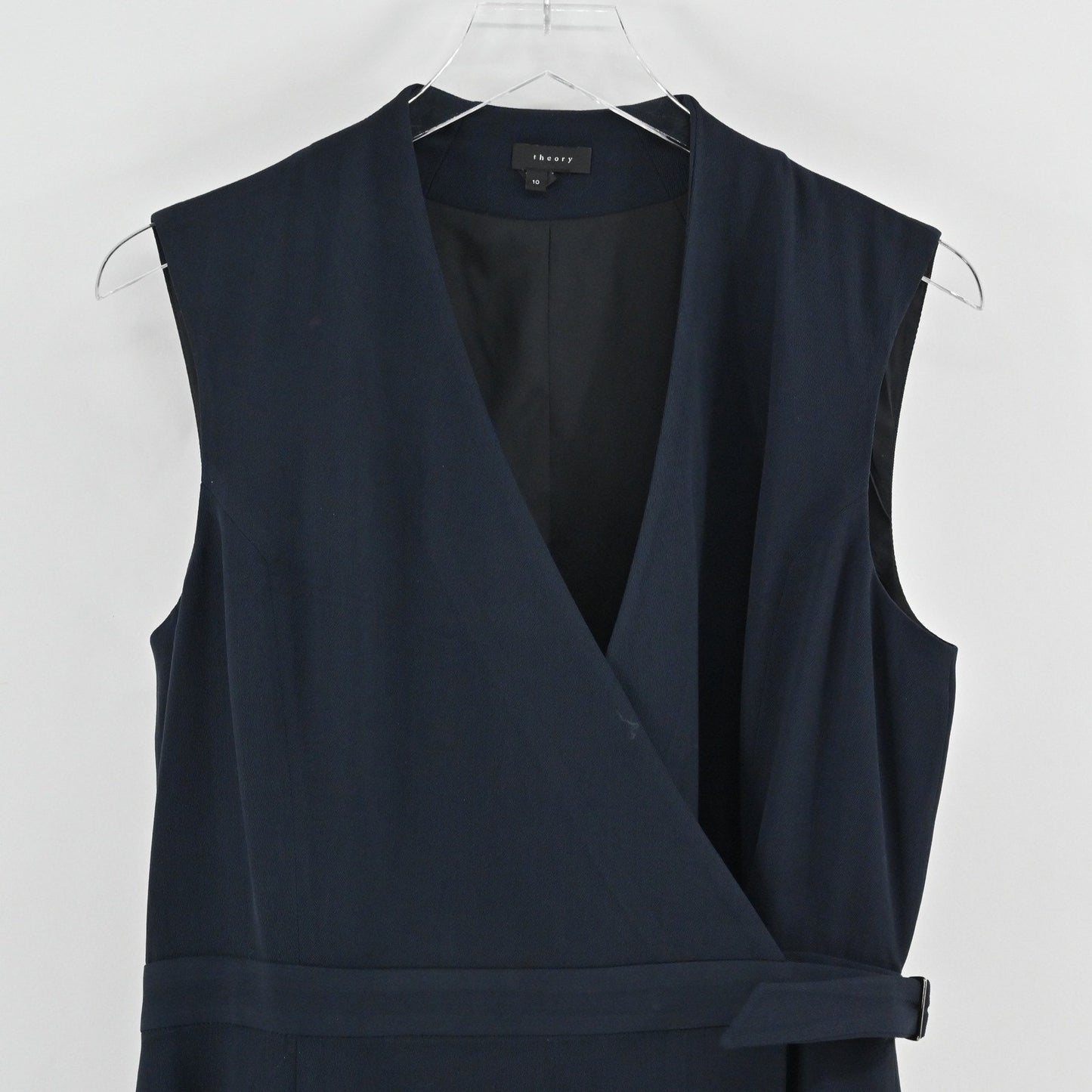 Theory Eldah Sleeveless Wrap Dress Size 10 Wool Navy Blue Quiet Luxury V Neck