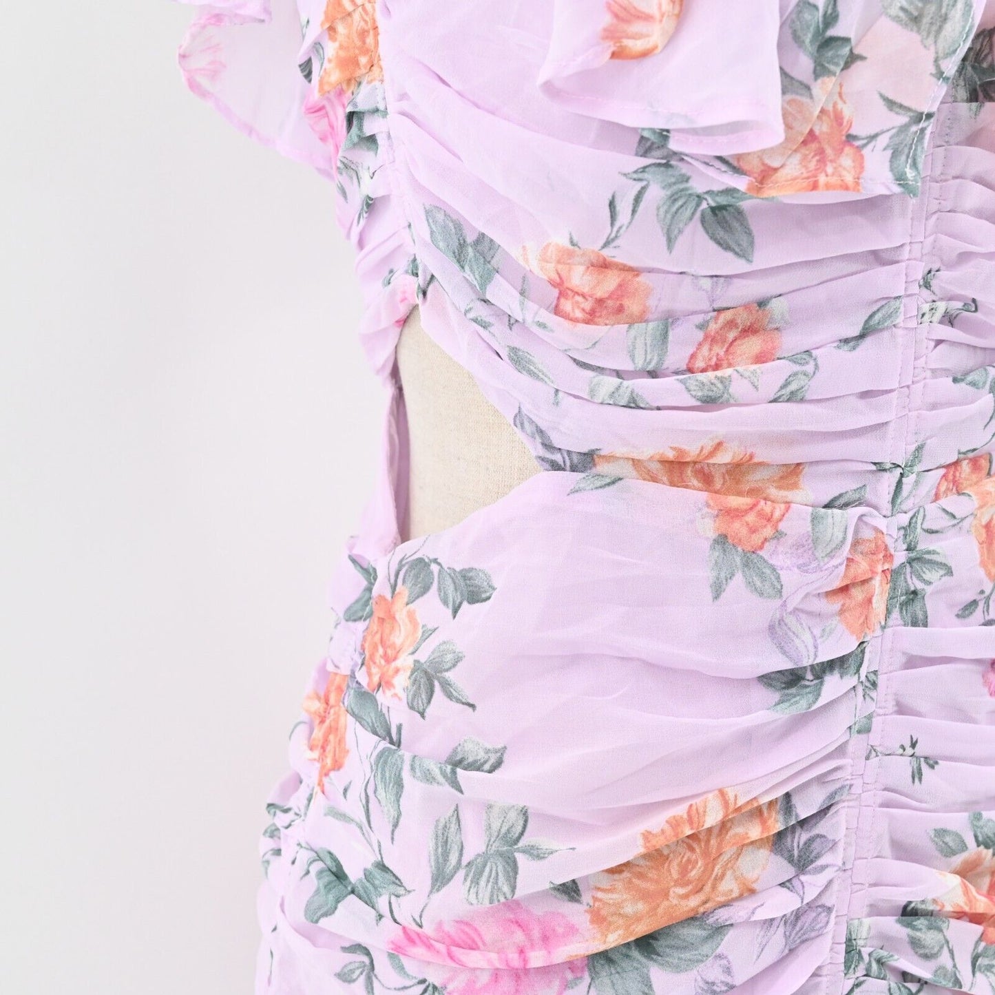 ASTR Dress Size M Devereaux Midi Cut Out Side Draped Pink Multi Floral Lavender