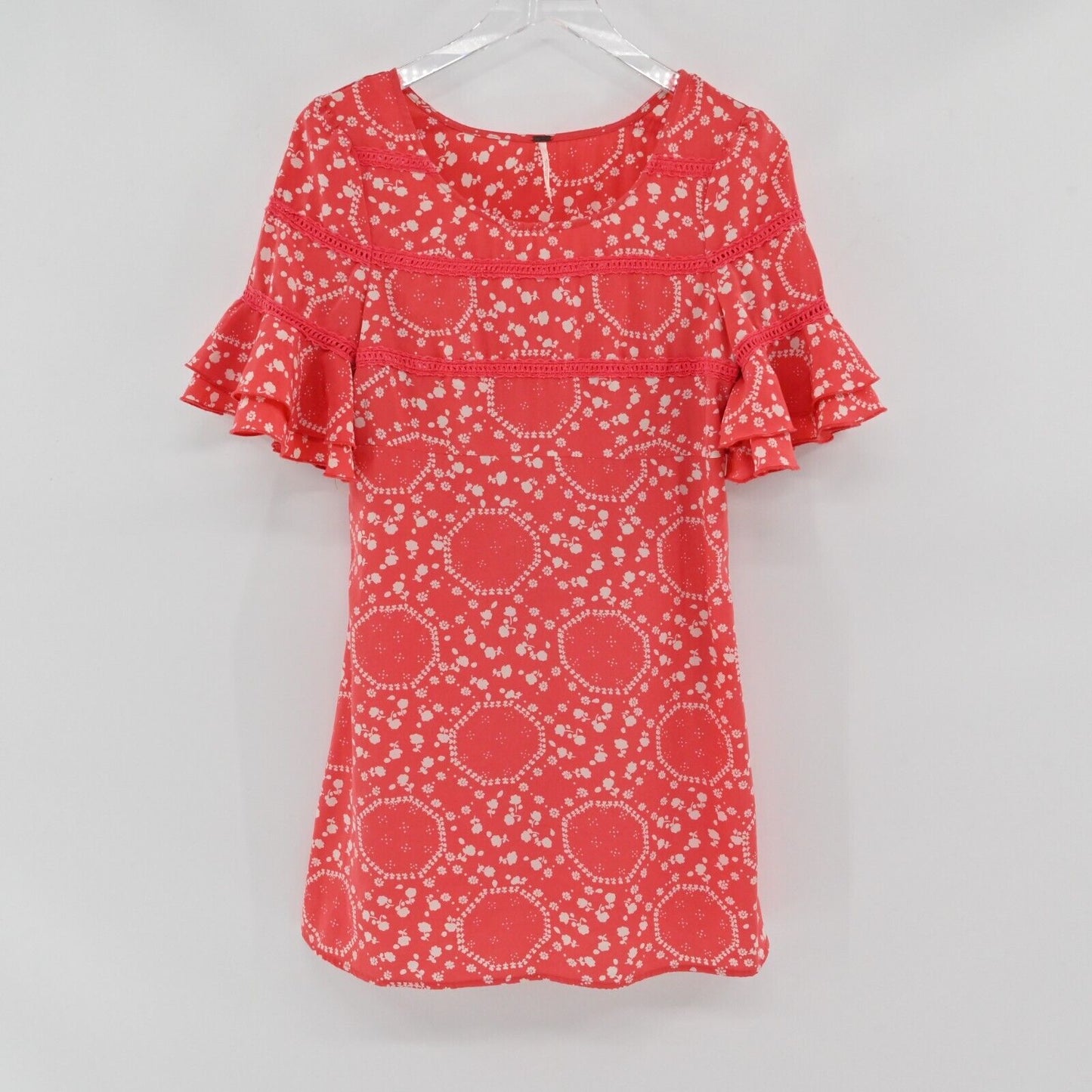 FREE PEOPLE Dress Womens Size 4 Geo Garden Floral Print Ruffled Sleeve Shift