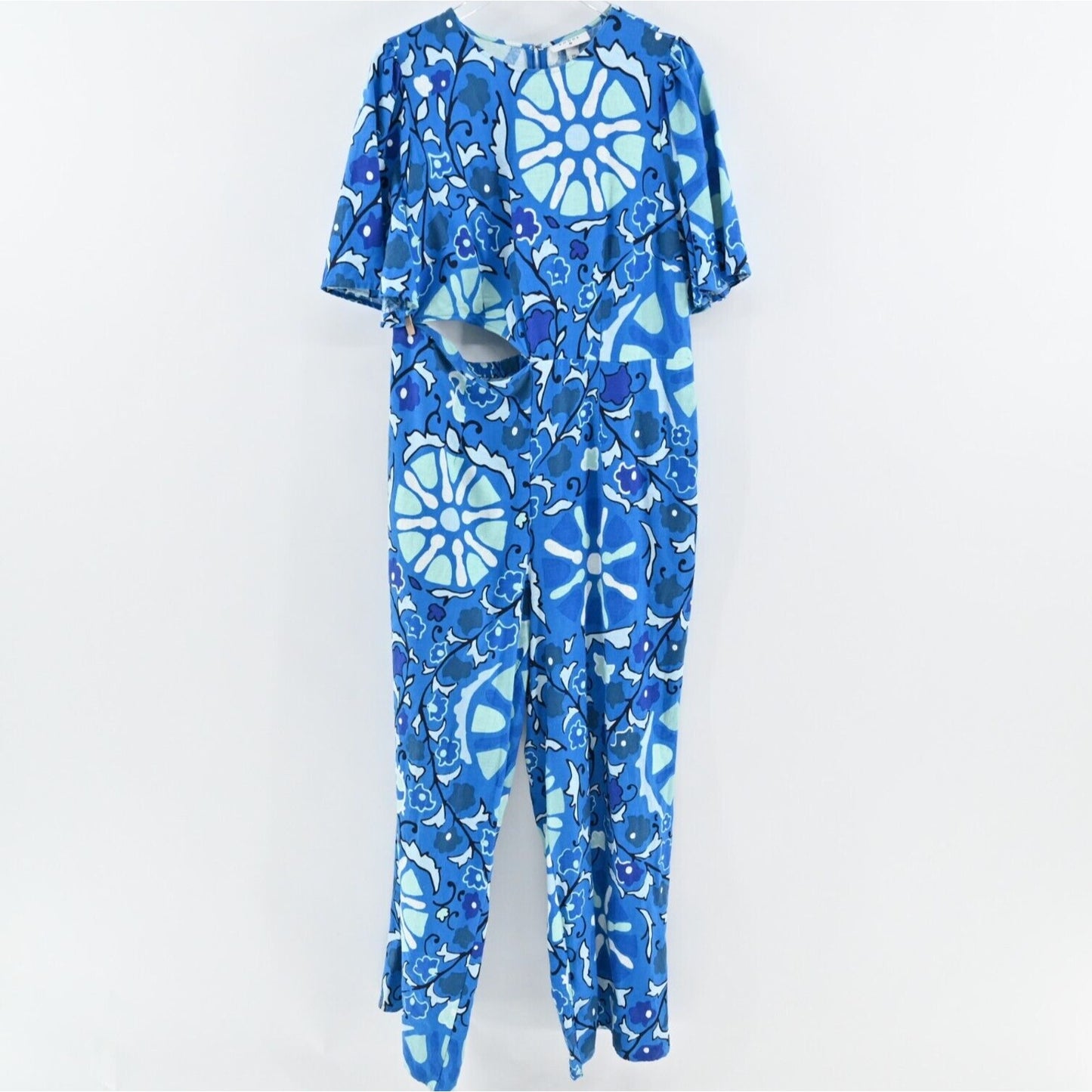 RHODE Jumpsuit Womens Size XXL Target Zinnia Blue Print Bell Sleeve Cut Out
